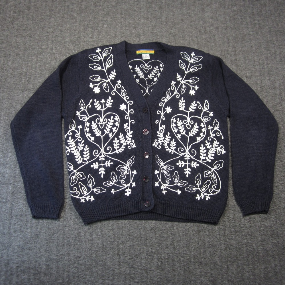 Bryn Connelly Cardigan Sweater M Navy White Embroidery Button Up Cottage Grandma - Picture 2 of 9